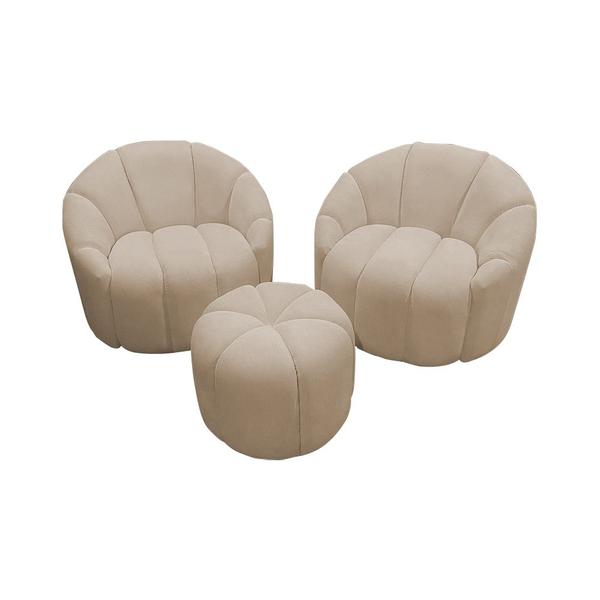 Imagem de Kit 2 Poltronas Decorativas Luxo Safira com Puff Linho Bege 