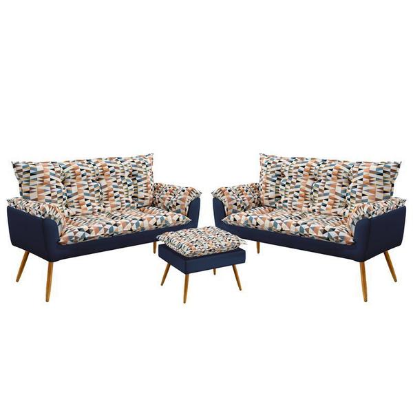 Imagem de Kit 2 Poltronas Decorativas Namoradeira Opala com Puff Lunar Sued Estampado Laranja com Azul Marinho Aradecor