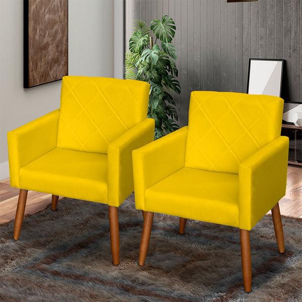 Imagem de Kit 2 Poltronas Decorativas Para Sala Cadeira Reforçada Confortável Beatriz Suede Pé Castanho