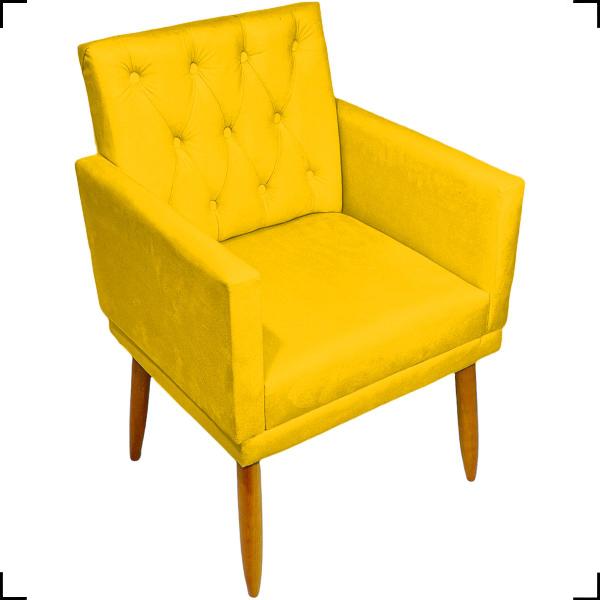 Imagem de Kit 2 poltronas decorativas para sala capitonê com base + puff redondo suede cores pé castanho  clique e decore