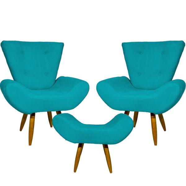 Imagem de Kit 2 Poltronas Decorativas Para Sala Emília + Puff Emília Suede Cores Pé Castanho - Clique E Decore