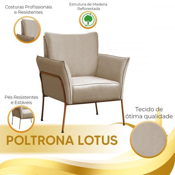 Imagem de Kit 2 Poltronas Decorativas Para Sala, Recepção Lotus Suede Bege Com Base Bronze VS Decor