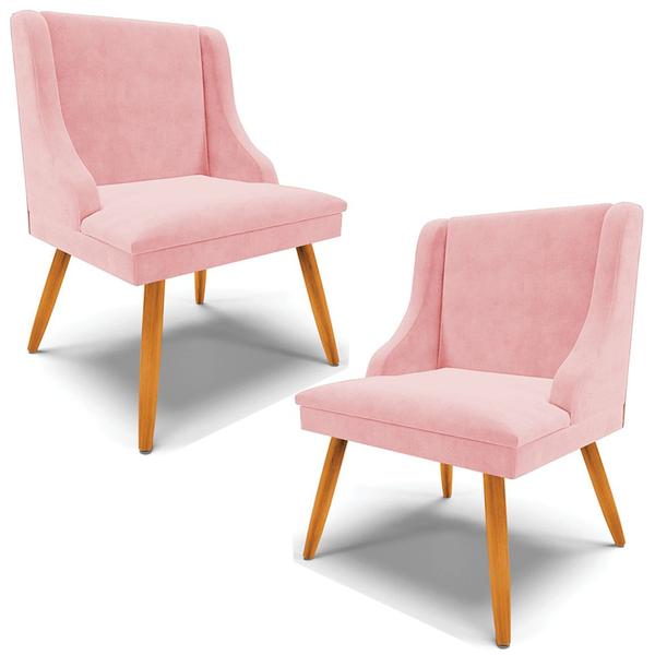 Imagem de Kit 2 Poltronas Decorativas Pés Palito de Madeira Firenze Suede Rosa Bebê/Natural G19 - Gran Belo