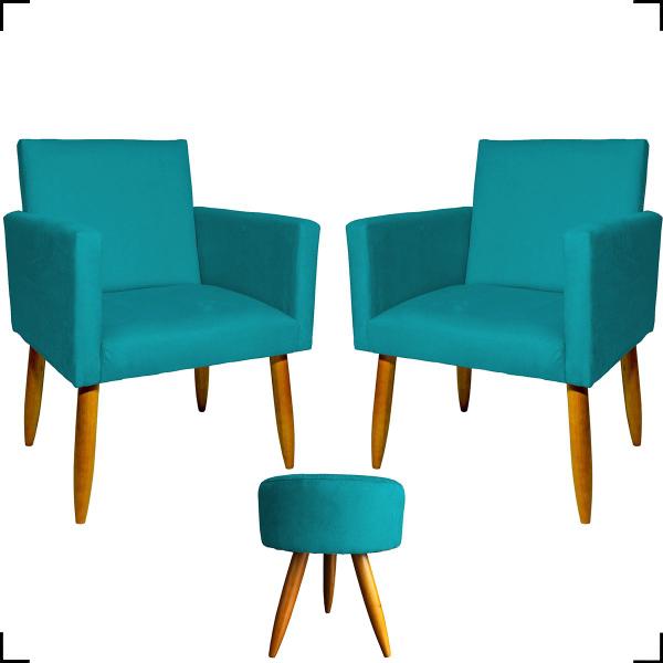 Imagem de Kit 2 Poltronas Decorativas Reforçadas Para Recepção + Puff Redondo Suede Azul Turquesa - Clique e Decore