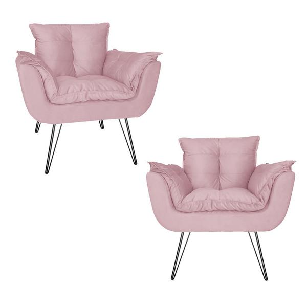 Imagem de Kit 2 Poltronas Decorativas Sala de Espera Pés de Ferro Opala Suede Rosa Bebe - DL Decor