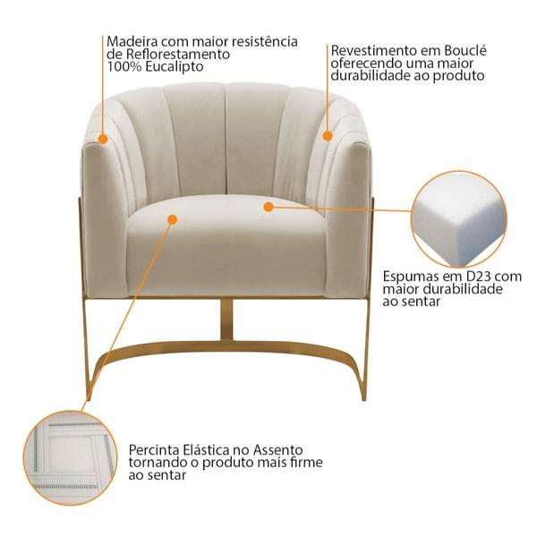 Imagem de Kit 2 Poltronas Decorativas Sala de Estar Recepção Mavie Base de Ferro Dourado Bouclé Bege - Amarena Móveis