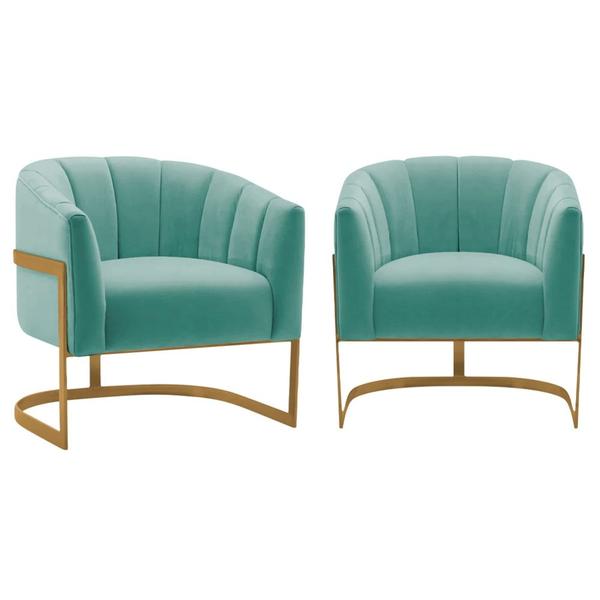 Imagem de Kit 2 Poltronas Decorativas Sala de Estar Recepção Mavie Base de Ferro Dourado Suede Azul Tiffany - Amarena Móveis