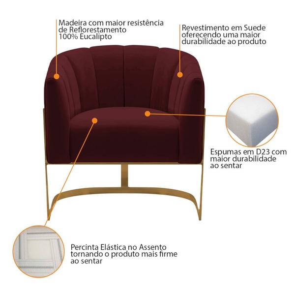 Imagem de Kit 2 Poltronas Decorativas Sala de Estar Recepção Mavie Base de Ferro Dourado Suede Bordo - Amarena Móveis