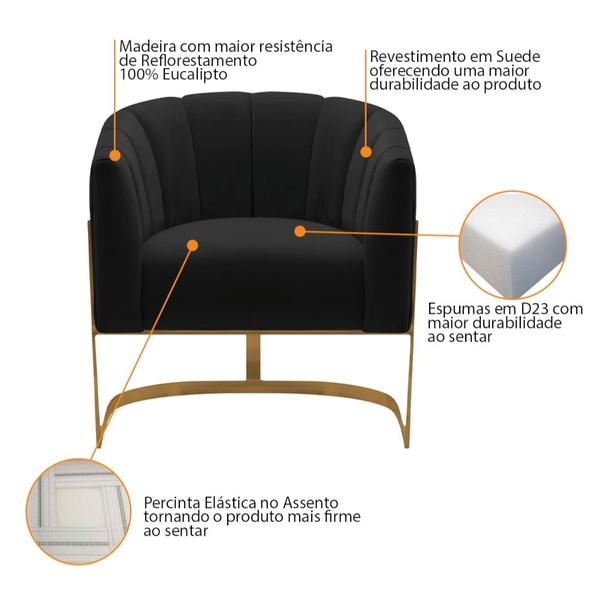 Imagem de Kit 2 Poltronas Decorativas Sala de Estar Recepção Mavie Base de Ferro Dourado Suede Preto - Amarena Móveis