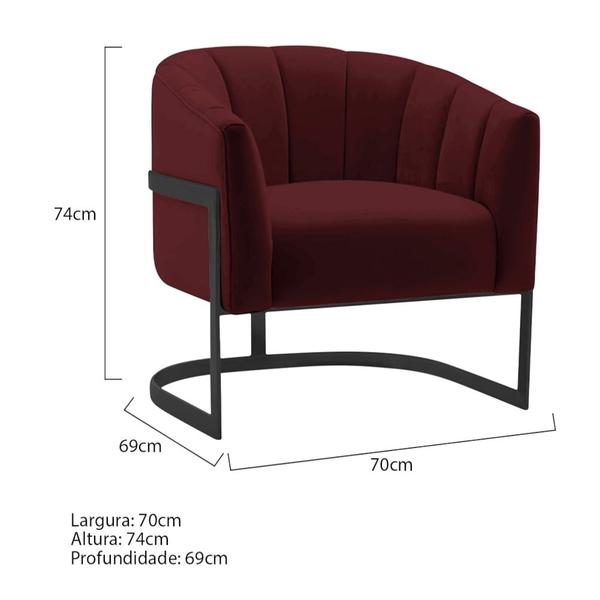 Imagem de Kit 2 Poltronas Decorativas Sala de Estar Recepção Mavie Base de Ferro Preto Suede Bordo - Amarena Móveis