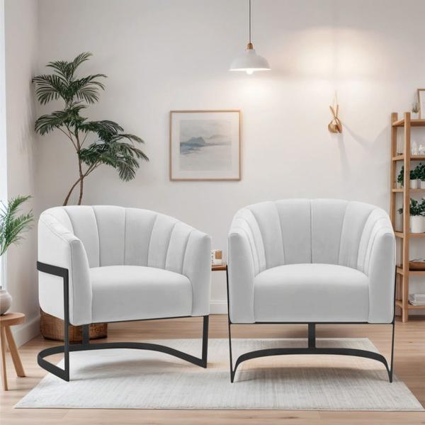 Imagem de Kit 2 Poltronas Decorativas Sala de Estar Recepção Mavie Base de Ferro Preto Suede Branco - Amarena Móveis