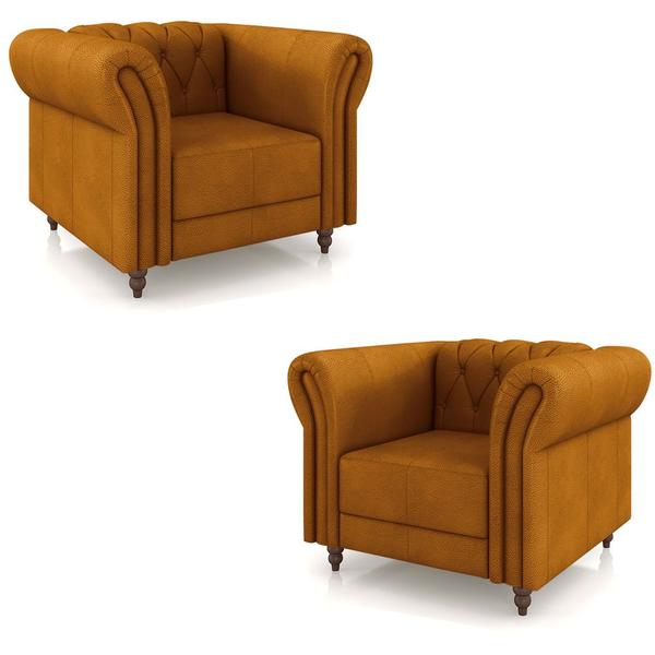 Imagem de Kit 2 Poltronas Decorativas Sala de Estar Stanford Chesterfield Pés de Madeira Couro Mel G58 - Gran Belo