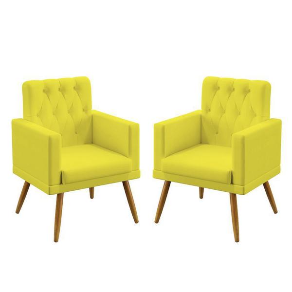 Imagem de Kit 2 Poltronas Decorativas Vega Com Rodapé E Botões Capitonê Sued Amarelo Aradecor