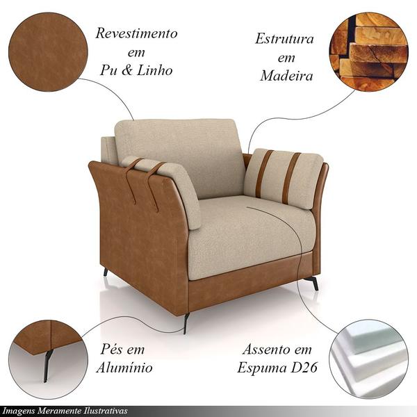 Imagem de Kit 2 Poltronas Decorativas Violet Pés em Alumínio Preto Linho Bege Claro/Caramelo G45 - Gran Belo