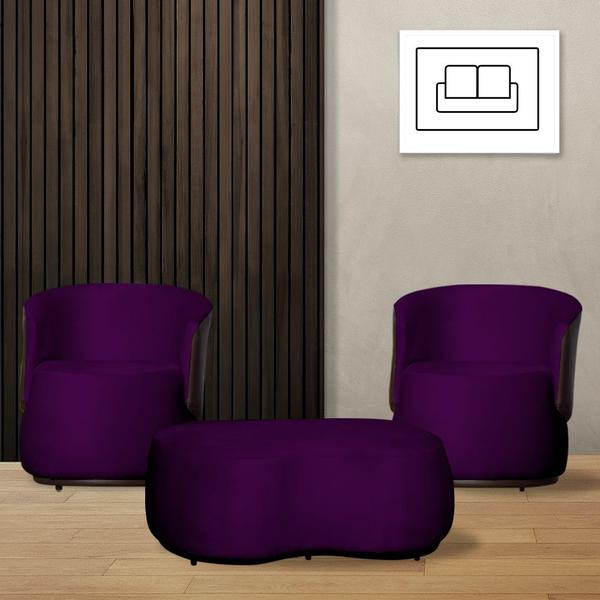 Imagem de Kit 2 Poltronas e 1 Puff Grande Design Orgânico Beatriz Veludo Composê material sintético Marrom - Estopar