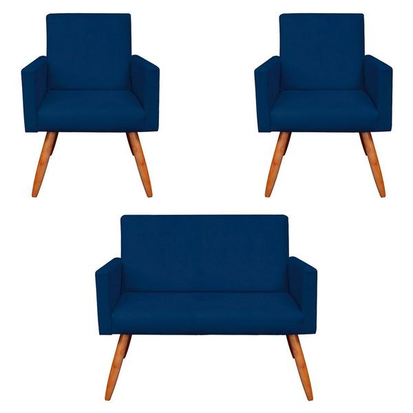 Imagem de Kit 2 Poltronas e Namoradeira Nina Suede Azul Marinho Pés Palito Castanho - Pallazio