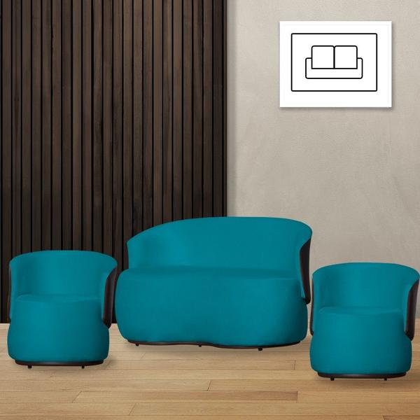 Imagem de Kit 2 Poltronas e Namoradeira Orgânica Aisha Suede Azul Turquesa Composê Corano Marrom - MB DECOR