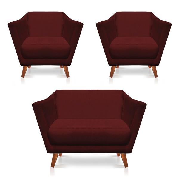 Imagem de Kit 2 Poltronas e Namoradeira Pérsia Suede Marsala Pés Chanfrado Castanho - Pallazio