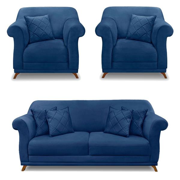 Imagem de Kit 2 Poltronas e Sofá Living 2 Lugares 1,60m Vênus Suede Azul Marinho Pés Castanho - Pallazio