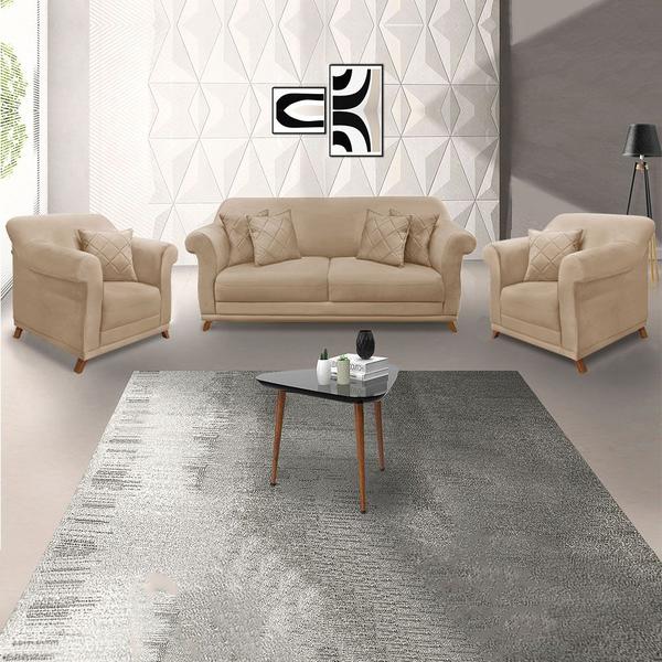 Imagem de Kit 2 Poltronas e Sofá Living 2 Lugares 1,60m Vênus Suede Bege Pés Castanho - Pallazio