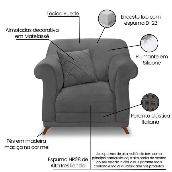 Imagem de Kit 2 Poltronas e Sofá Living 2 Lugares 1,60m Vênus Suede Cinza Pés Castanho - Pallazio