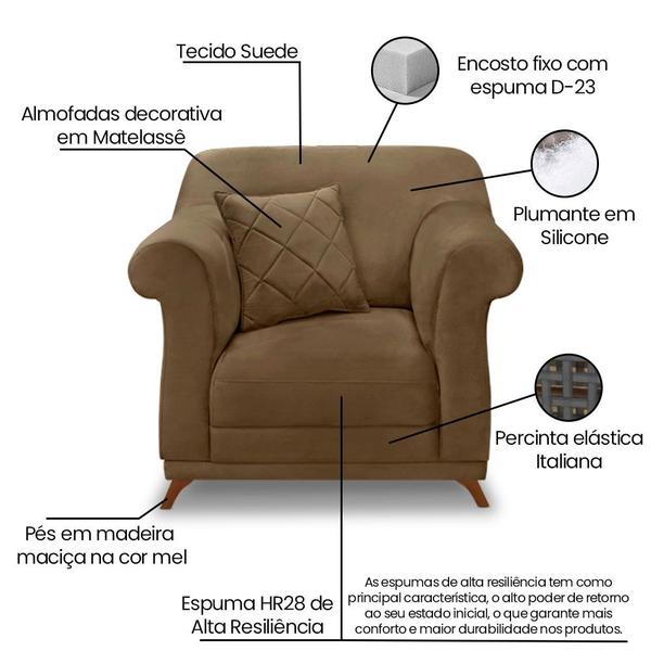 Imagem de Kit 2 Poltronas e Sofá Living 2 Lugares 1,60m Vênus Suede Pés Castanho - Pallazio