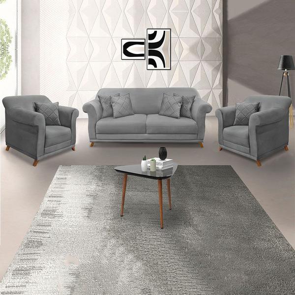 Imagem de Kit 2 Poltronas e Sofá Living 2 Lugares 1,60m Vênus Veludo Cinza Grafite Pés Castanho - Pallazio