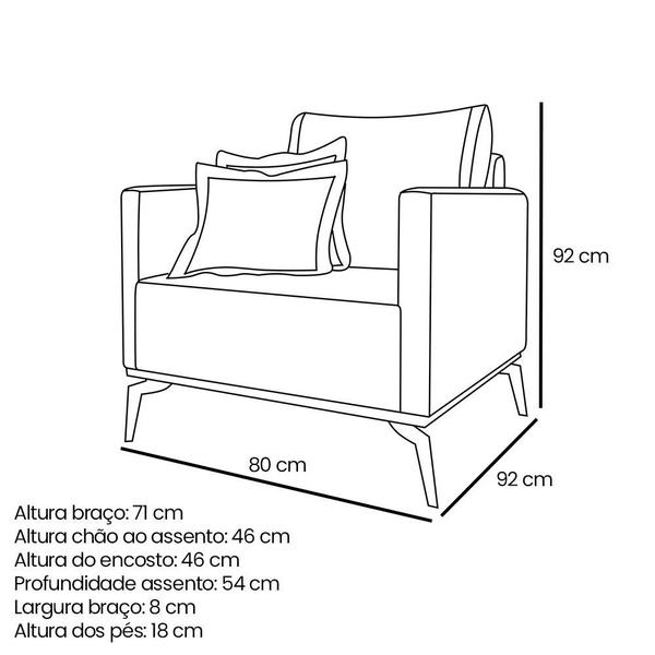 Imagem de Kit 2 Poltronas e Sofá Living 2 Lugares 1,80m Sirius Linho Bege Pés Metálicos - Pallazio