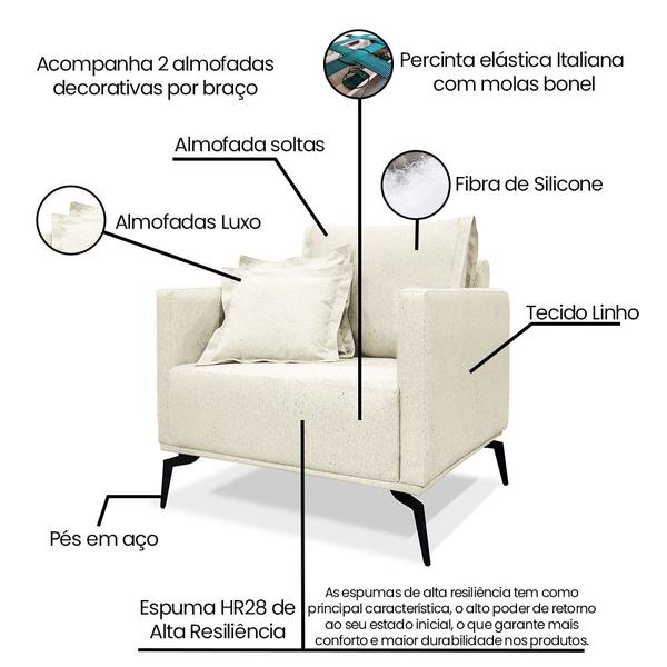 Imagem de Kit 2 Poltronas e Sofá Living 2 Lugares 1,80m Sirius Linho Natural Pés Metálicos - Pallazio