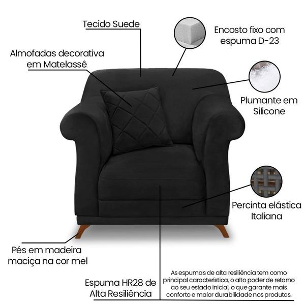 Imagem de Kit 2 Poltronas e Sofá Living 2 Lugares 1,80m Vênus Suede Pés Castanho - Pallazio