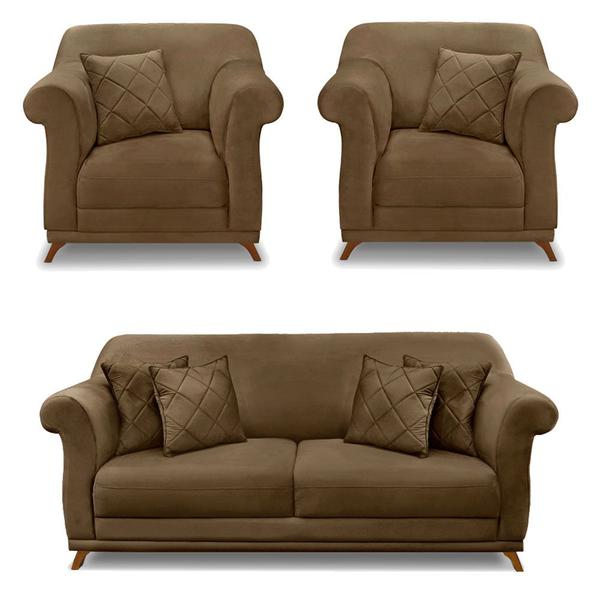 Imagem de Kit 2 Poltronas e Sofá Living 2 Lugares 1,80m Vênus Suede Pés Castanho - Pallazio