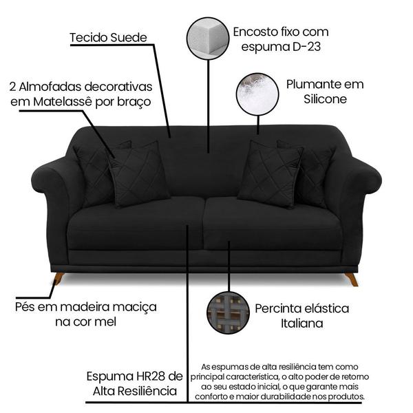 Imagem de Kit 2 Poltronas e Sofá Living 2 Lugares 1,80m Vênus Suede Preto Pés Castanho - Pallazio