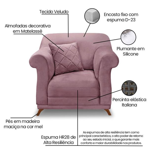 Imagem de Kit 2 Poltronas e Sofá Living 2 Lugares 1,80m Vênus Veludo Uva Pés Castanho - Pallazio