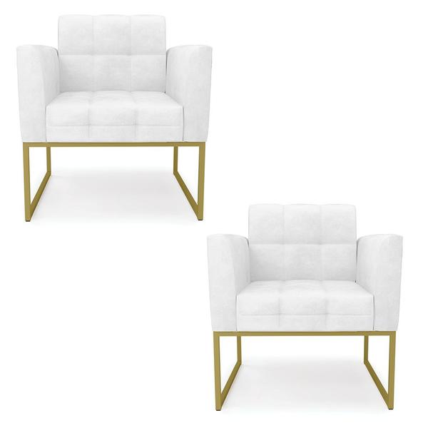 Imagem de Kit 2 Poltronas Elisa Corano Branco Base Metálica Industrial Dourado - D'Rossi