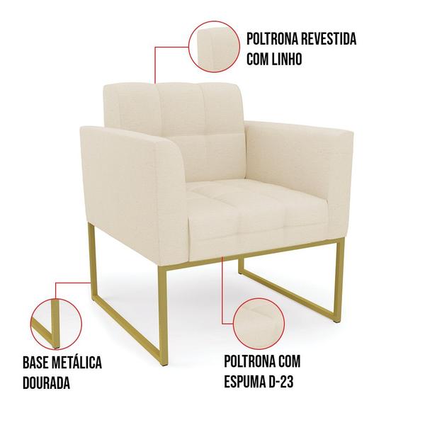 Imagem de Kit 2 Poltronas Elisa Linho Bege A19 Base Metálica Industrial Dourado - D'Rossi