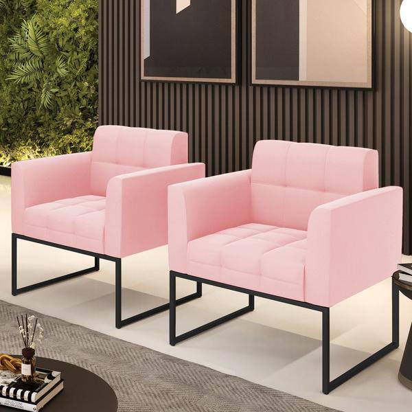 Imagem de Kit 2 Poltronas Elisa Suede Rosa Bebê Base Metálica Industrial Preto - D'Rossi