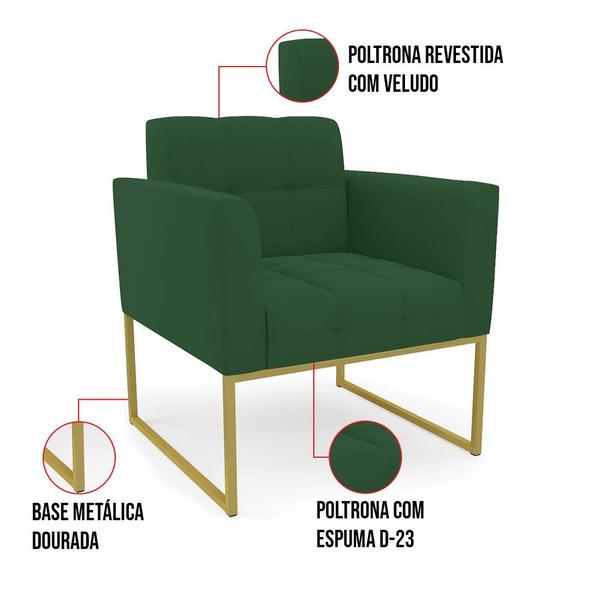 Imagem de Kit 2 Poltronas Elisa Veludo Verde Base Metálica Industrial Dourado - D'Rossi