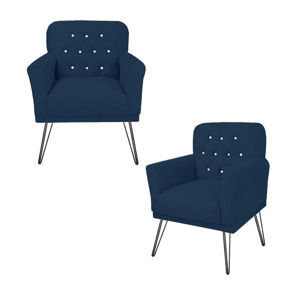 Imagem de Kit 2 Poltronas Estofada Para Recepção Com Pés de Ferro Anitta Suede Azul Marinho - DL Decor