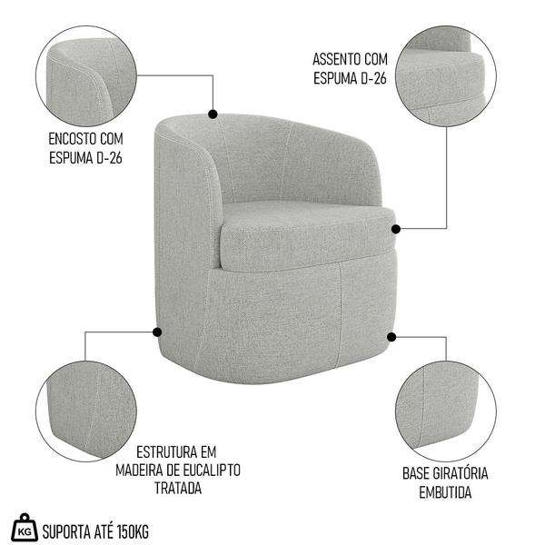 Imagem de Kit 2 Poltronas Giratória Decorativa para Sala Dandara K04 Linho Cinza - Mpozenato