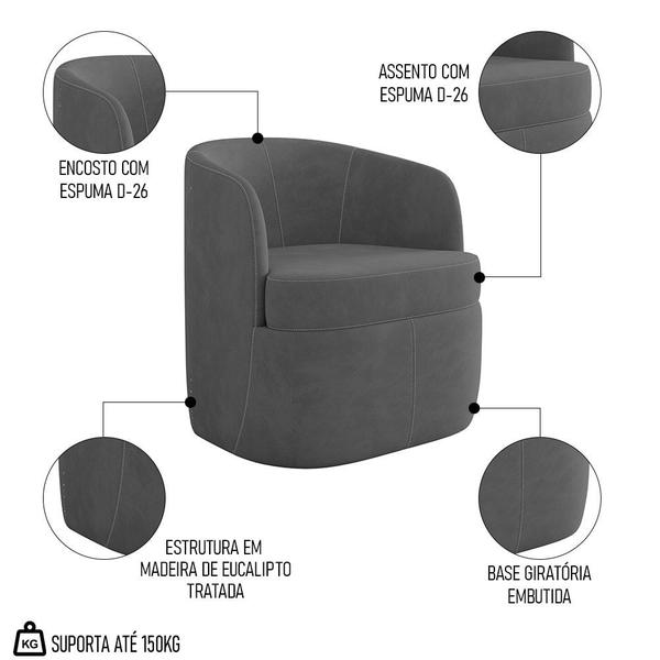 Imagem de Kit 2 Poltronas Giratória Decorativa para Sala Dandara K04 Veludo Cinza Escuro - Mpozenato