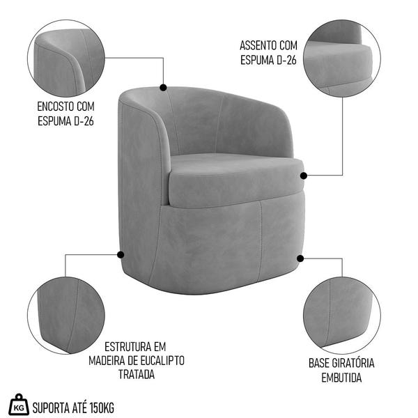 Imagem de Kit 2 Poltronas Giratória Decorativa para Sala Dandara K04 Veludo Cinza - Mpozenato