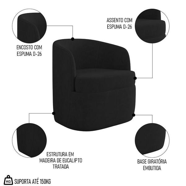 Imagem de Kit 2 Poltronas Giratória Decorativa Para Sala Dandara K04 Veludo Preto - Mpozenato