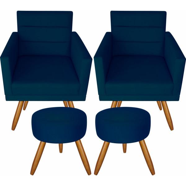 Imagem de Kit 2 Poltronas Luxo Decorativas Nina E 2 Puff Azul Marinho