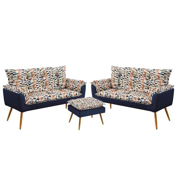 Imagem de Kit 2 Poltronas Namoradeira Beta com Puff Lunar Suede Estampado Laranja com Azul Marinho Aradecor