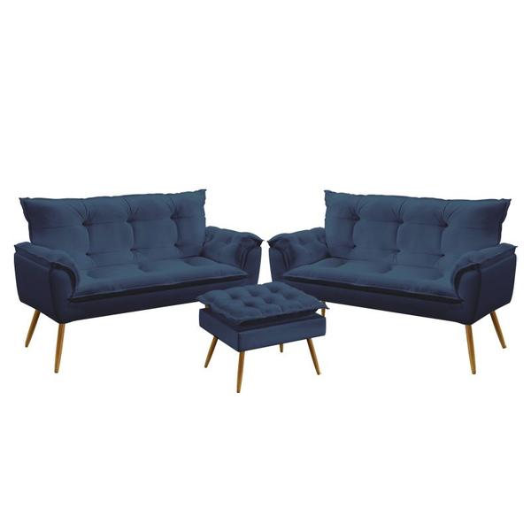 Imagem de Kit 2 Poltronas Namoradeiras Decorativas Estofadas Beta e Puff Lunar Sued Azul Marinho Aradecor