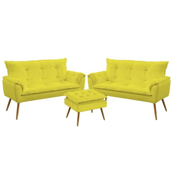 Imagem de Kit 2 Poltronas Namoradeiras Decorativas Estofadas Opala e Puff Lunar Sued Amarelo Aradecor