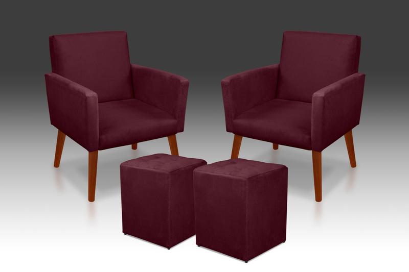 Imagem de Kit 2 Poltronas Nina + 2 Puff Quadrado Suede Bordo- THAINA DECORA