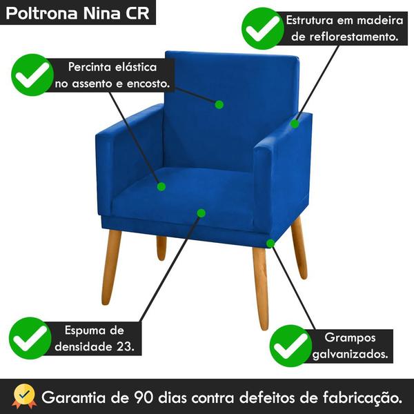 Imagem de Kit 2 Poltronas Nina Decorativa p/ Sala Suede Azul Royal