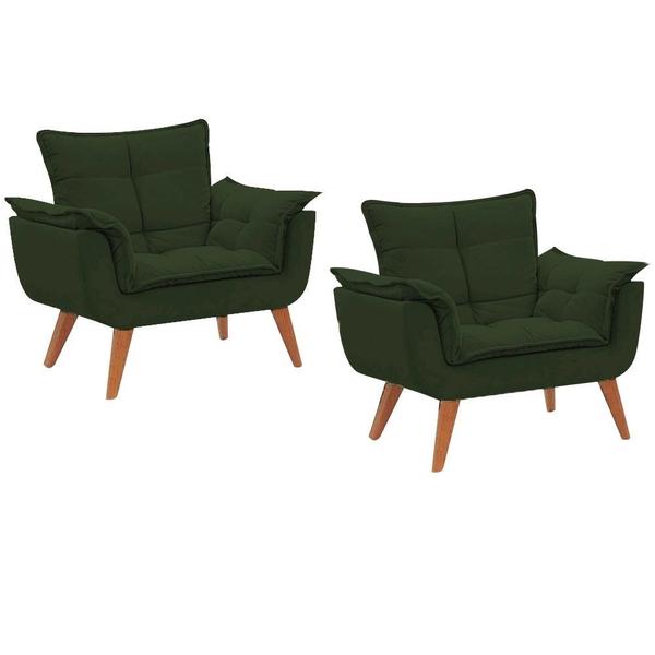 Imagem de Kit 2 Poltronas Opalas com Puff Redondo Suede Verde