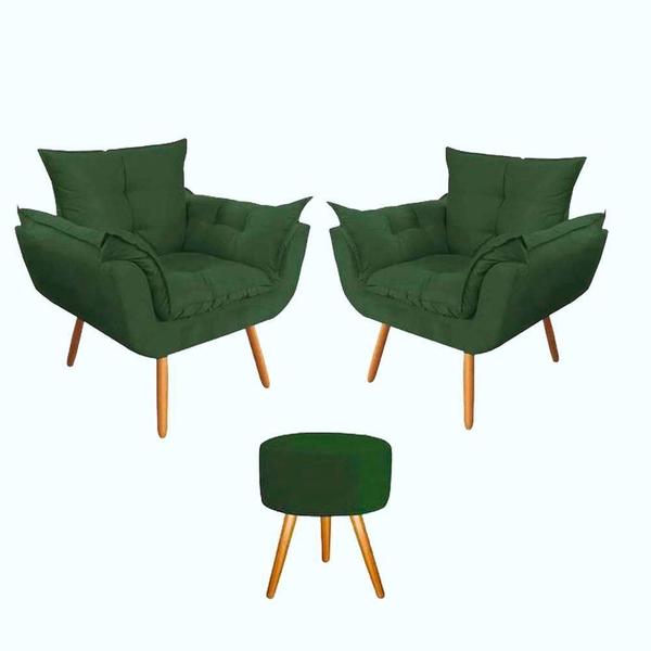 Imagem de Kit 2 Poltronas Opalas com Puff Redondo Suede Verde